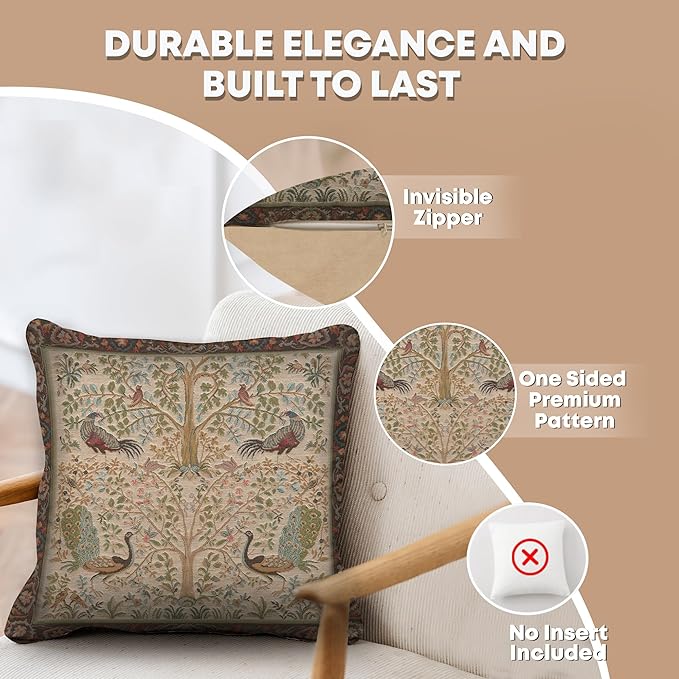 Charlotte Home Furnishings Decorative Pillow Covers for Couch 19x19 in, Tapestry Throw Pillow Cover for Living Room Bed Decor, Cream Tree French Country Sofa Cushion Cases, Soft Cotton Jacquard Woven