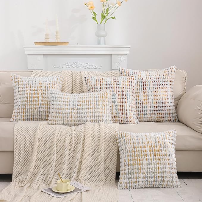 LUOYEHK Boho Throw Pillow Covers 12x20 Inch Set of 2 Chenille Tufted Pillowcase Farmhouse Neutral Lumbar Cushion Covers for Couch Sofa Bed Living Room, Yellow White