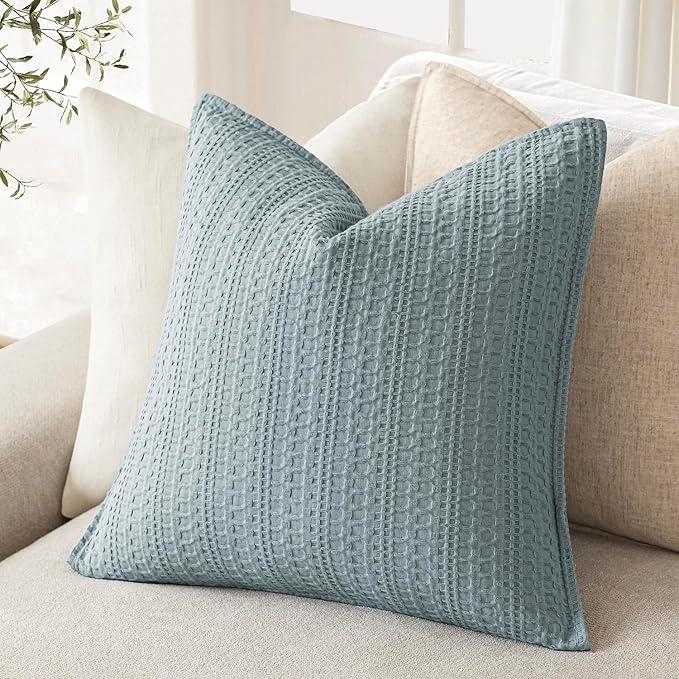 Foindtower Set of 2 Decorative Cotton Waffle Weave Throw Pillow Covers Euro Shams Cushion Covers Accent European Pillowcase for Bed Couch Sofa Bedroom Living Room Home Decor 18×18 Inch Light Blue