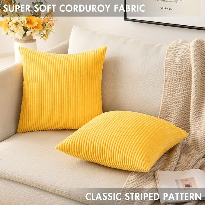 MIULEE Pack of 2 Golden Yellow Pillow Covers 18x18 Inch Soft Decorative Throw Pillow Covers Corduroy Pillowcases for Spring Sofa Bedroom Couch
