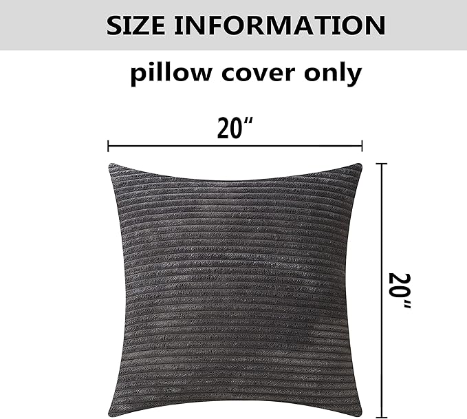 Home Brilliant Set of 2 Throw Pillow Covers Soft Velvet Corduroy Striped Square Cushion Cover for Couch, 50cm, 20 x 20 Inch, Dark Grey