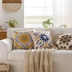 Embroidered Throw Pillow Cover 18x18 Classic Boho Floral Pattern Pillows Cover Outdoor Decorative Pillowcase,Durable Cozy Textured Cushion Case for Sofa Couch Bed Living Room,Yellow