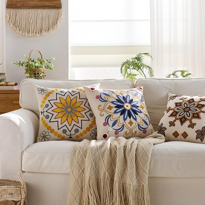 Embroidered Throw Pillow Cover 20x20 Classic Boho Floral Pattern Pillows Cover Outdoor Decorative Pillowcase,Durable Cozy Textured Cushion Case for Sofa Couch Bed Living Room,Yellow