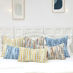 Boho Decorative Throw Pillow Covers 18x18 Inch, Chenille Tufted Pillow Cover Striped Textured Square Farmhouse Accent Pillowcase for Couch Sofa Bedroom Living Room, Blue White Stripe, 1 Pack