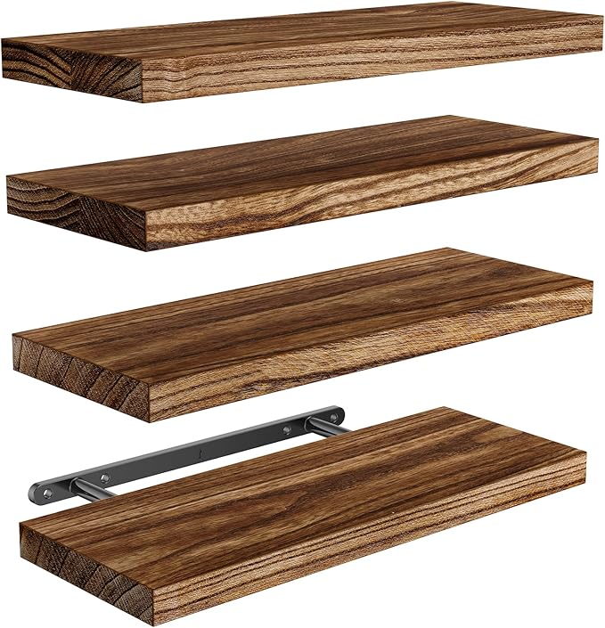 AMADA HOMEFURNISHING Floating Shelves, Paulownia Wood Wall Shelves for Bathroom/Living Room/Bedroom/Kitchen/Home Office, Natural Wood Floating Shelf for Home Storage & Organization, Set of 4, AMFS40BN