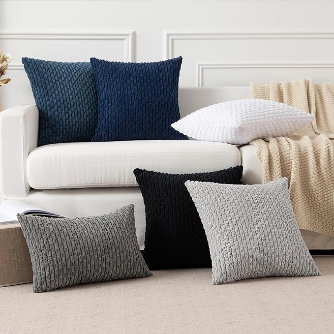 Kevin Textile Pillow Covers Decorative Set of 2 Striped Corduroy Plush Velvet Pillowcases Cushion Cover for Couch 16x16 Inch Navy Blue