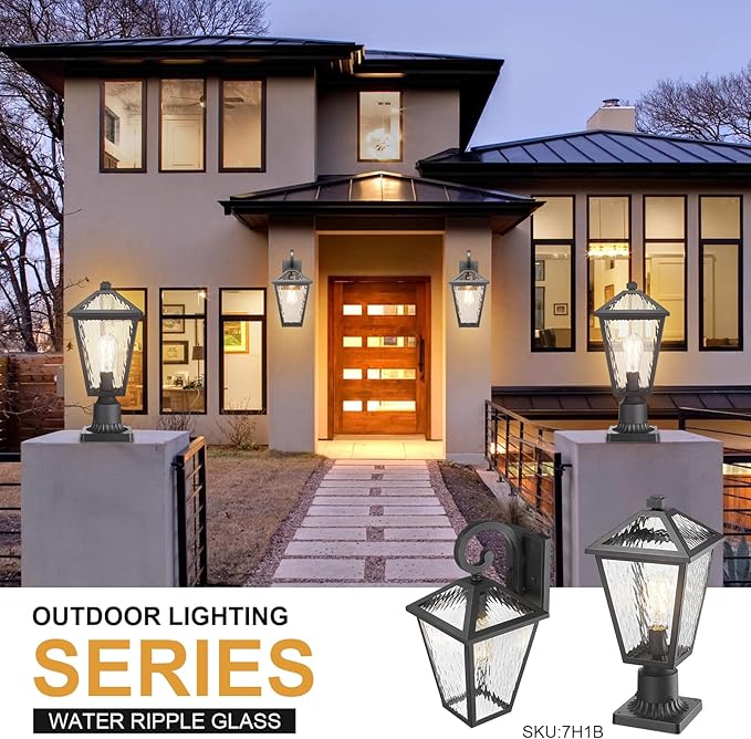 Outdoor Lights Fixtures Wall Mount, Outdoor Wall Lantern with Water Ripple Glass, Waterproof Outside Exterior Wall Sconce Lights Fixture for House, Front Porch, Patio, Large, Matte Black