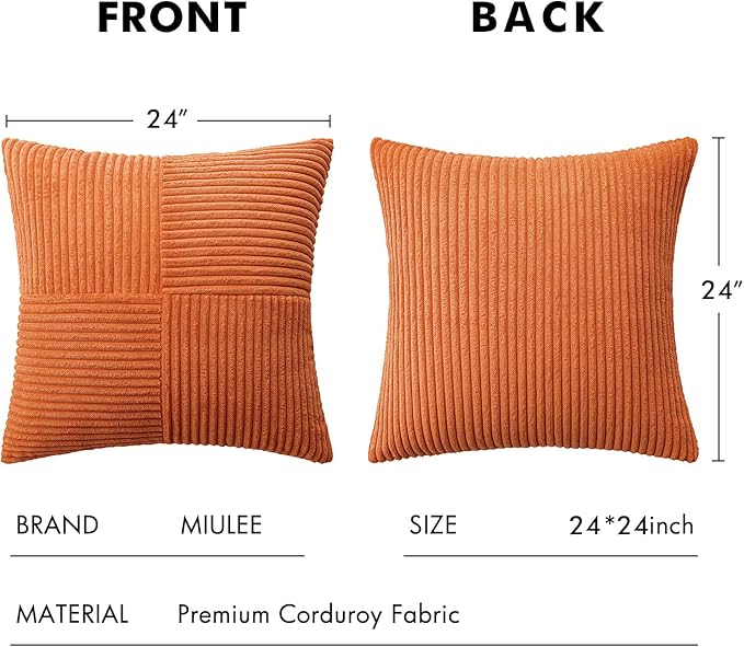 MIULEE Fall Orange Corduroy Pillow Covers Pack of 2 Boho Decorative Spliced Throw Pillows Soft Cross Patchwork Textured Covers Pillowcases Home Decor for Couch Living Room Bed Sofa 24x24 inch