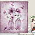 Rustic Farmhouse Pink Floral Shower Curtain, Light Blue Daisy Flowers Butterfly Dragonfly on Abstract Aesthetic Country Wooden Boho Shower Curtain Set, White Bathroom Accessory Sets with Hooks, 70X75