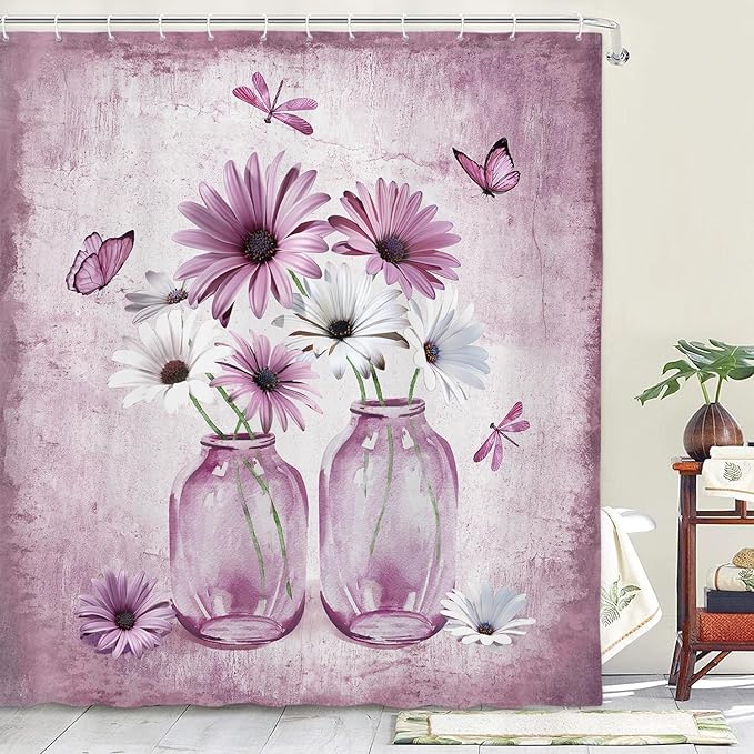 Rustic Farmhouse Pink Floral Shower Curtain, Light Blue Daisy Flowers Butterfly Dragonfly on Abstract Aesthetic Country Wooden Boho Shower Curtain Set, White Bathroom Accessory Sets with Hooks, 70X75