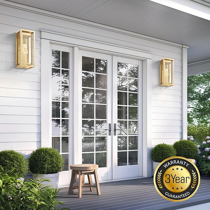 15" Large Gold Outdoor Light Fixture Wall Mount, Waterproof Outdoor Sconces, Modern Wall Lights with Clear Glass Shade for Front Door, Porch, Garage, 1 Pack