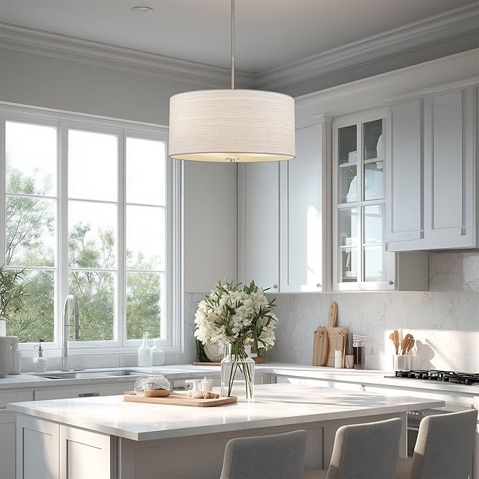 Kira Home Pearl 18" Modern 3-Light Large Drum Pendant Chandelier, White Textured Shade + Glass Diffuser, Adjustable Height, LED Compatible, Brushed Nickel Finish