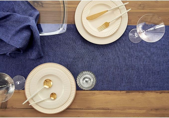 Solino Home Linen Table Runner 72 Inches Long - Athena, 100% Pure Linen Chambray Navy 14 x 72 Inch Table Runner for Dining, Fall, Autumn, Thanksgiving, Holiday