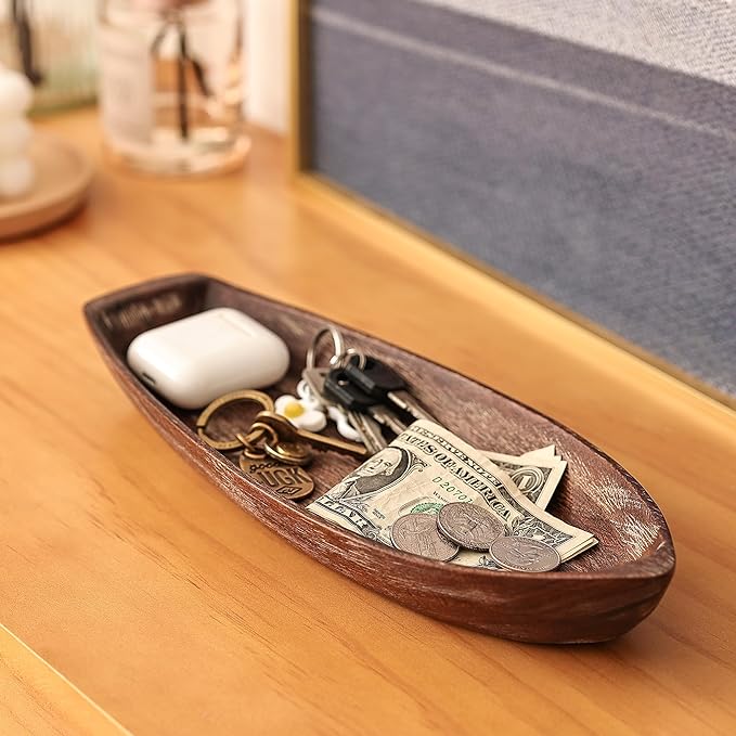 Rustic Small Wooden Serving Tray, Boat Shape Decorative Tray Vintage Centerpiece, Farmhouse Rustic Trays, Key Tray, Decorative Platter for Countertop Home Decorations- Distressed Brown。(Size S)