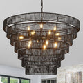 39.4“ Large Black Rattan Chandelier Vintage Farmhouse 15-Lights Boho Hand-Woven Bamboo Chandeliers Light Fixture Rustic Drum Wicker Chandelier for Dining Room, Living Room, Kitchen Island, E12