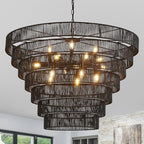 39.4“ Large Black Rattan Chandelier Vintage Farmhouse 15-Lights Boho Hand-Woven Bamboo Chandeliers Light Fixture Rustic Drum Wicker Chandelier for Dining Room, Living Room, Kitchen Island, E12