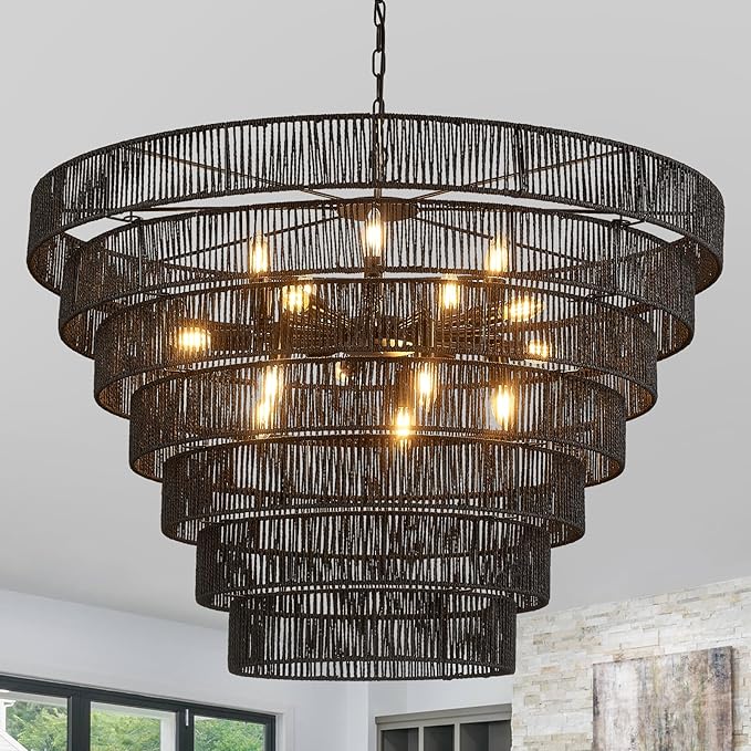 39.4“ Large Black Rattan Chandelier Vintage Farmhouse 15-Lights Boho Hand-Woven Bamboo Chandeliers Light Fixture Rustic Drum Wicker Chandelier for Dining Room, Living Room, Kitchen Island, E12