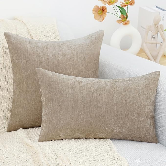 decorUhome Chenille Beige Throw Pillow Covers 12x20 Inch Set of 2, Decorative Soft Couch Pillow Covers Solid Dyed Accent Velvet Farmhouse Neutral Rectangle Pillow Cases for Sofa Bed Living Room