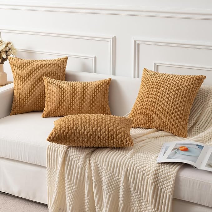 Kevin Textile Throw Pillow Covers Soft Corduroy Decorative Set of 2 Boho Striped Pillow Covers Pillowcases Farmhouse Home Decor for Couch Bed Sofa Living Room 18x18 Inch Gold