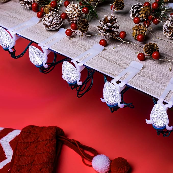 C9 LED Christmas Lights Outdoor, 68Ft 100 LED String with All in One Clips, Commercial Grade Waterproof Outdoor Christmas Lights for House Outside Roofline Xmas Decor, Pure White