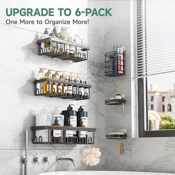 Veken Rustproof Shower Caddy 6-Pack, No Drilling & Waterproof Adhesive Shower Shelves Rack with Soap Holder, Large Capacity Bathroom Organizers and Storage, Wall-Mounted Kitchen & Home Decor