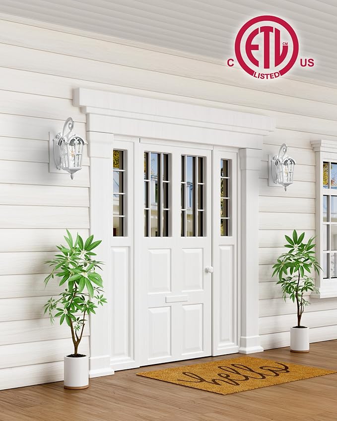 VIANIS White Porch Lights Outdoor, Outside Dusk to Dawn Light Fixtures Wall Mount, Exterior Lighting for House with Ripple Glass, Lantern Fixture for Patio Garage Front Coach, Anti-Rust Waterproof