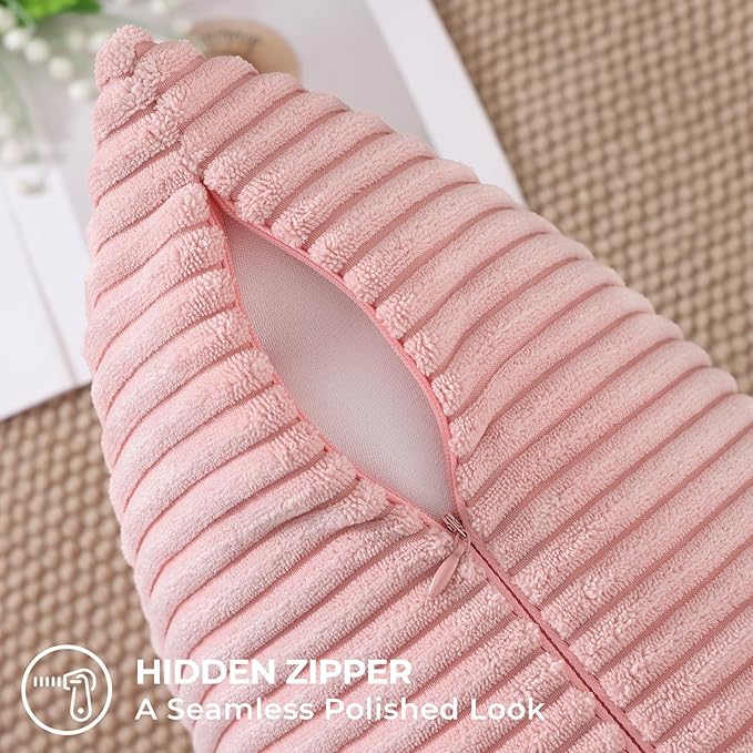 Mecatny Corduroy Decorative Throw Pillow Covers 12x20 Set of 2 for Sofa Living Room, Soft Neutral Boho Couch Pillow Covers for Home Decor, Pink