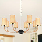 39" Black Boho Rattan Chandelier for Living Room 8-Light Large Coastal Boho Pendant Light Fixture Bedroom Adjustable Rustic Farmhouse Chandeliers for Dining Room Kitchen Island Foyer