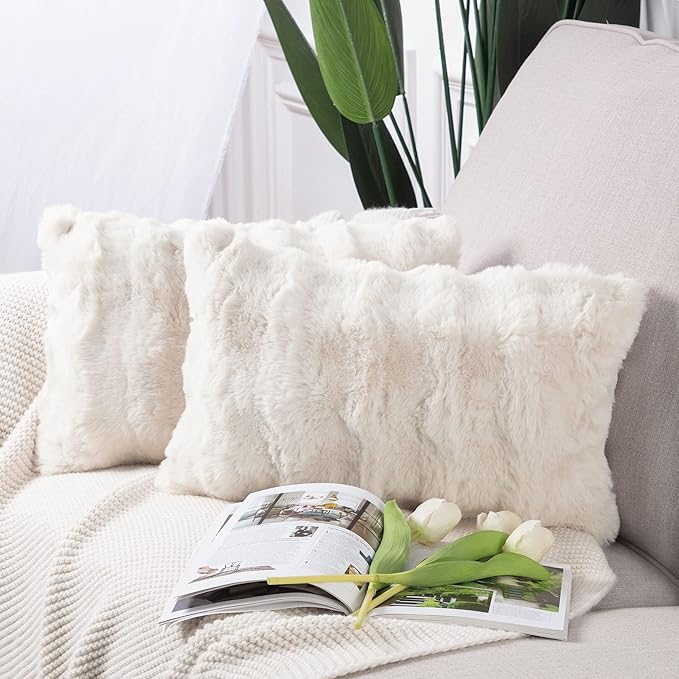 MADIZZ Pack of 2 Thick Plush Wool Throw Pillow Covers 12x20 Inch Cream Soft Neutral Decorative Throw Pillows Accent Boho Cushion Covers for Couch Sofa Bedroom Pillow Shell