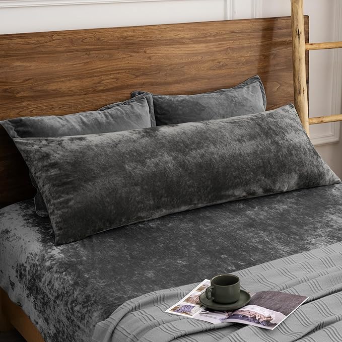 PHF Truly Velvet Zippered Body Pillowcase, No Insert, 1 Pack Ultra Soft Breathable Pillow Sham Cover with Zipper, 20"X 54" Long Luxury Cozy Warm Fuzzy Flannel Body Pillow Case, Charcoal/Dark Grey