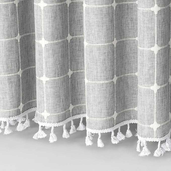 MitoVilla Grey Farmhouse Shower Curtain Set 72 x 78, Boho 78 inch Long Polyester Linen Tassel Fabric Shower Curtain Set for Chic Cottagecore French Rustic Bathroom Decor, Light Grey