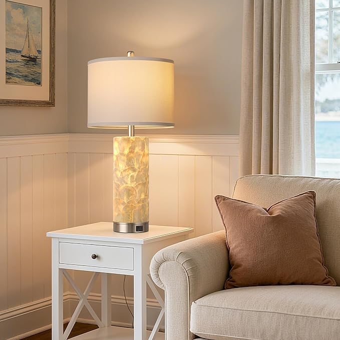 PARTPHONER Coastal Table Lamps for Living Room Set of 2, Bedside Lamps with Night Light, USB A+C Ports, 4-Way Rotary Switch, Seashell Nightstand Lamps for Bedroom and Home Office(LED Bulbs Included)