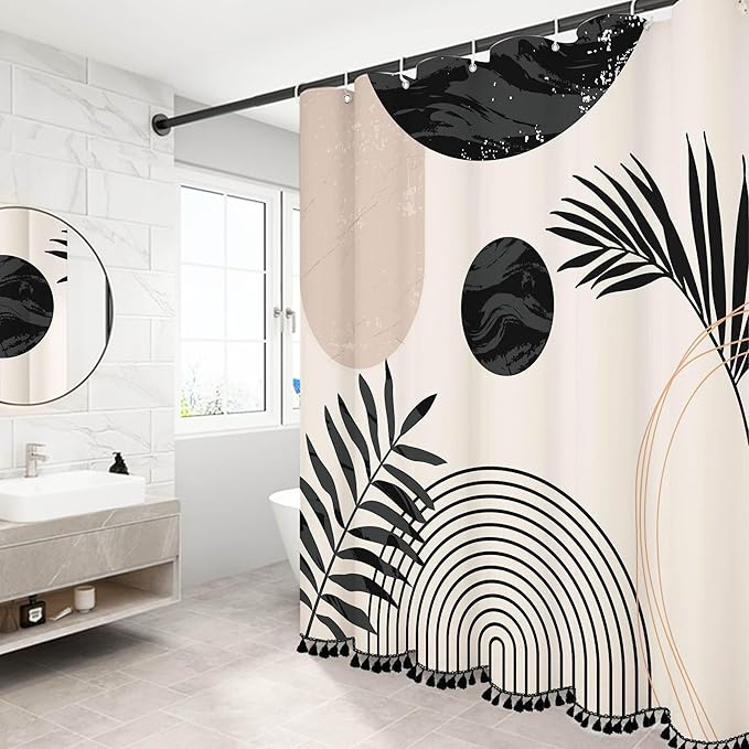 Boho Mid Century Leaf Shower Curtain Set,Arch Sun Design,Minimalistic Leaves Pattern,Waterproof and Luxurious Fabric-12 Hooks(Black and White-72" x 78")