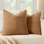 MIULEE Brown Corduroy Pillow Covers Pack of 2 Boho Decorative Spliced Throw Pillow Covers Soft Solid Couch Pillowcases Cross Patchwork Textured Cushion Covers for Living Room Bed Sofa 18x18 inch