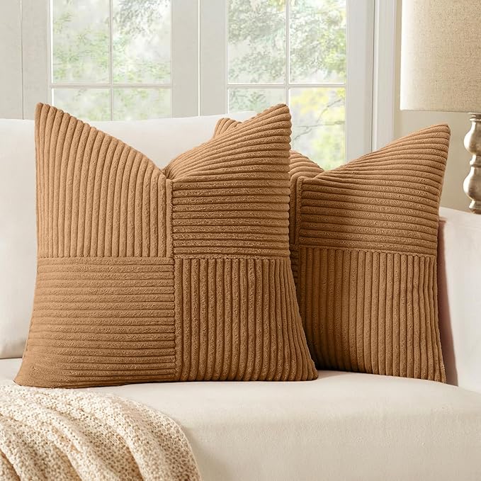MIULEE Brown Corduroy Pillow Covers Pack of 2 Boho Decorative Spliced Throw Pillow Covers Soft Solid Couch Pillowcases Cross Patchwork Textured Cushion Covers for Living Room Bed Sofa 18x18 inch