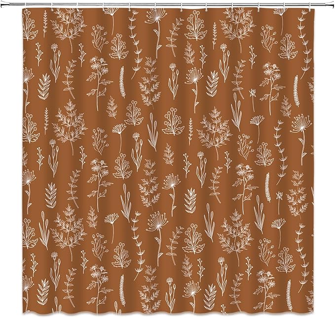 Burnt Orange Botanical Shower Curtain Vintage Herbs Floral Farmhouse Cute Boho Leaves Plant Retro Flowers Bathroom Curtain Set with Hooks(70" Wx84 H)