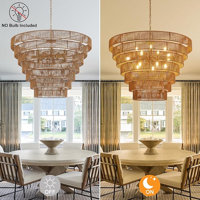 39.4" Large Hand-Woven Rattan Chandelier Vintage Farmhouse 15-Lights Boho Bamboo Chandelier Light Fixture Retro Drum Wicker Rattan Golden Chandeliers for Dining Room, Kitchen, Living Room, E12