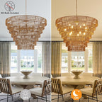 39.4" Large Hand-Woven Rattan Chandelier Vintage Farmhouse 15-Lights Boho Bamboo Chandelier Light Fixture Retro Drum Wicker Rattan Golden Chandeliers for Dining Room, Kitchen, Living Room, E12