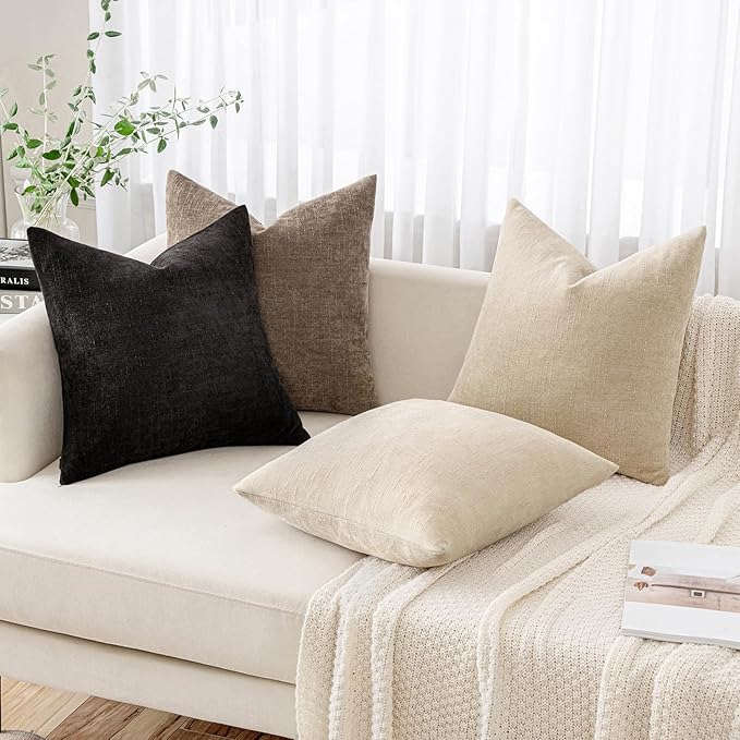 MIULEE Pack of 2 Decorative Throw Pillow Covers Soft Chenille Throw Pillows Solid Neutral Farmhouse Textured Cushion Covers for Couch Sofa Bedroom Living Room 18x18 Inch, Black