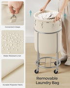SONGMICS 18.5-Gallon (70 L) Laundry Basket with Wheels, Rolling Round Heavy-Duty Laundry Hamper Cart with Steel Frame and Removable Bag, 2 Locking Wheels, Cream White and Metallic Silver URLS006W01