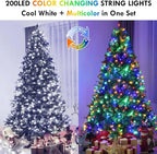 Multicolor to Cool White Color Changing 200 LED 66FT Christmas String Lights for Outdoor&Indoor, 11 Modes Christmas Tree Clear Wire Fairy Waterproof Lights with Memory Function & Remote & Timer