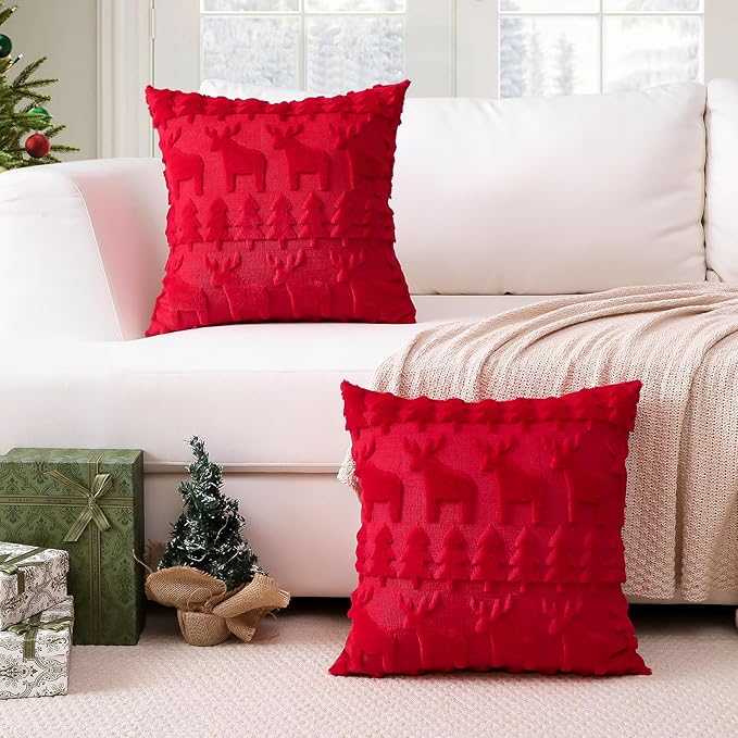 OTOSTAR Set of 2 Xmas Soft Plush Short Wool Velvet Decorative Throw Pillow Covers Square Luxury Style Cushion Case Pillow Shell for Sofa Bedroom Christmas Tree and Elk Red, 18x18 Inch