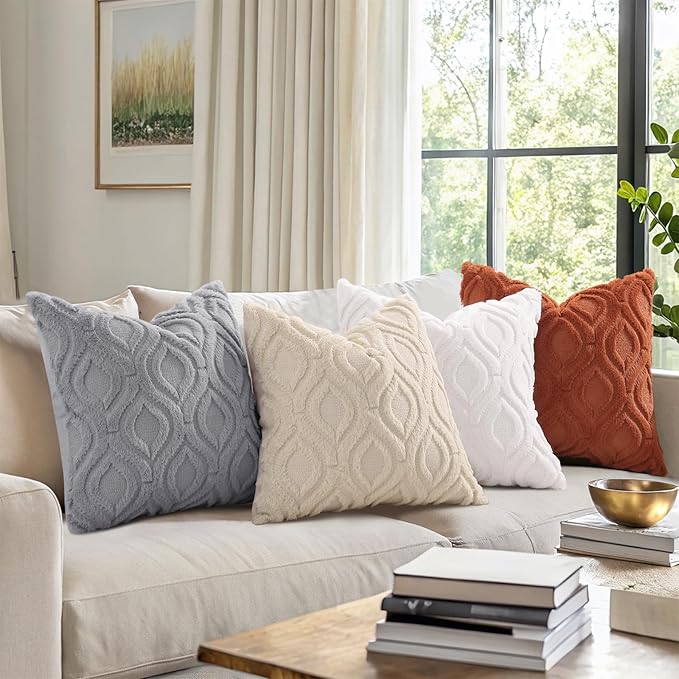 decorUhome Throw Pillow Covers 24x24 Inch Set of 2, Soft Plush Decorative Faux Fur Cream White Solid Couch Pillow Covers, Accent Farmhouse Neutral Square Euro Pillow Cases for Sofa Bed Living Room