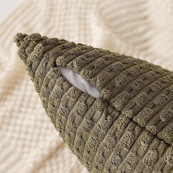 Kevin Textile Pack of 2 Corduroy Decorative Throw Pillow Covers 20x20 Inch Soft Boho Striped Pillow Covers Modern Farmhouse Home Decor for Sofa Living Room Couch Bed Olive Green