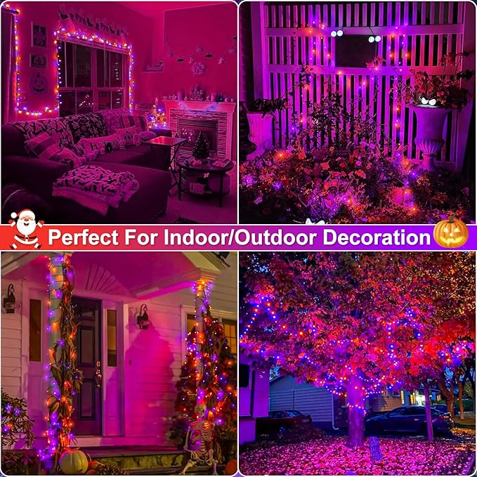 Purple and Orange Halloween Lights, 100FT 300 LED String Lights for Outside with 8 Modes Waterproof, Plug in Green Wire Twinkle Light for Indoor Tree Patio Garden Party House Holiday Decor