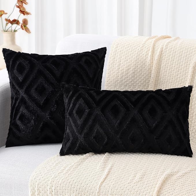 decorUhome Couch Throw Pillow Covers 24x24 Set of 2, Decorative Soft Plush Faux Wool Neutral Accent Pillow Covers for Bed Sofa Living Room, Black