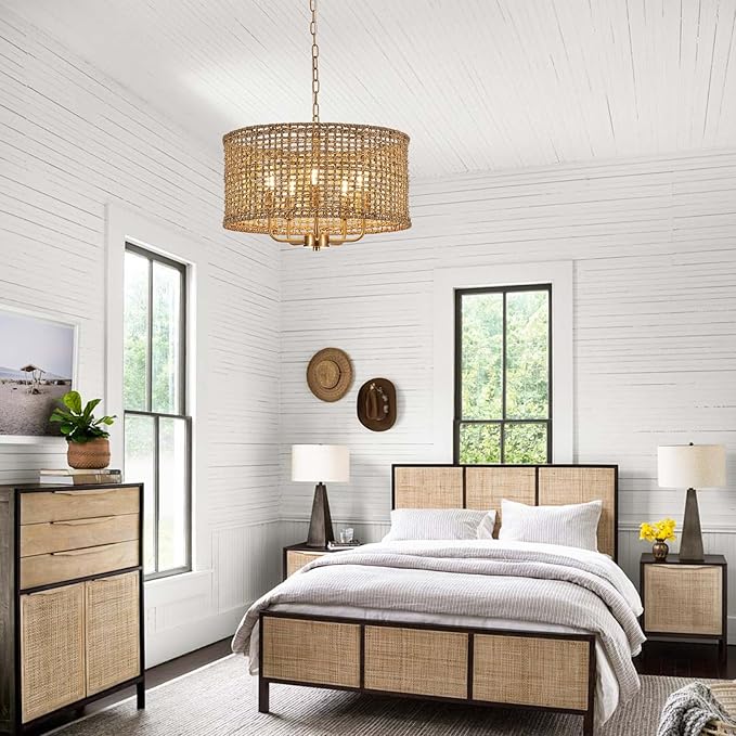 Hand-Woven Rattan Chandelier Vintage Farmhouse Boho Bamboo Golden Chandelier Light Fixture Retro 5-Lights Drum Wicker Gold Chandeliers for Dining Room, Kitchen Island, Living Room, Entryway