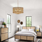Hand-Woven Rattan Chandelier Vintage Farmhouse Boho Bamboo Golden Chandelier Light Fixture Retro 5-Lights Drum Wicker Gold Chandeliers for Dining Room, Kitchen Island, Living Room, Entryway