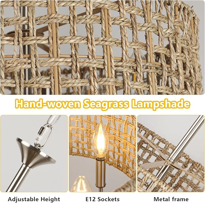 LynPon 17.7" Brushed Nickel Boho Rattan Chandeliers for Dining Room, 6-Light Seagrass Pendant Light Fixtures with Hand Woven Wicker Shade, Farmhouse Drum Chandelier for Living Room Kitchen Hallway