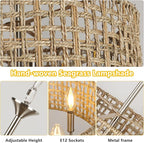 LynPon 17.7" Brushed Nickel Boho Rattan Chandeliers for Dining Room, 6-Light Seagrass Pendant Light Fixtures with Hand Woven Wicker Shade, Farmhouse Drum Chandelier for Living Room Kitchen Hallway